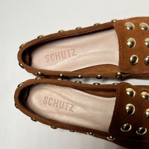 SCHUTZ Laurie Studded Suede Loafers Brown Gold Slip-On Moccasins Casual Shoe 5.5 - Picture 3 of 13